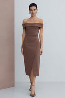 Load image into Gallery viewer, Brown Off the Shoulder Midi Pencil Work Dress with Slit