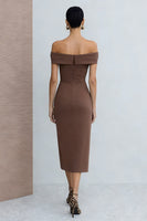 Load image into Gallery viewer, Brown Off the Shoulder Midi Pencil Work Dress with Slit