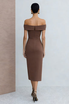Brown Off the Shoulder Midi Pencil Work Dress with Slit