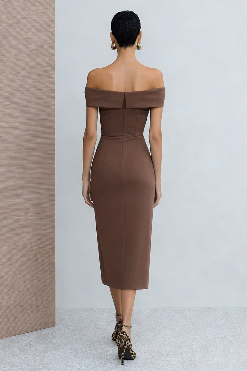 Load image into Gallery viewer, Brown Off the Shoulder Midi Pencil Work Dress with Slit