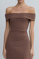 Load image into Gallery viewer, Brown Off the Shoulder Midi Pencil Work Dress with Slit