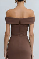 Load image into Gallery viewer, Brown Off the Shoulder Midi Pencil Work Dress with Slit