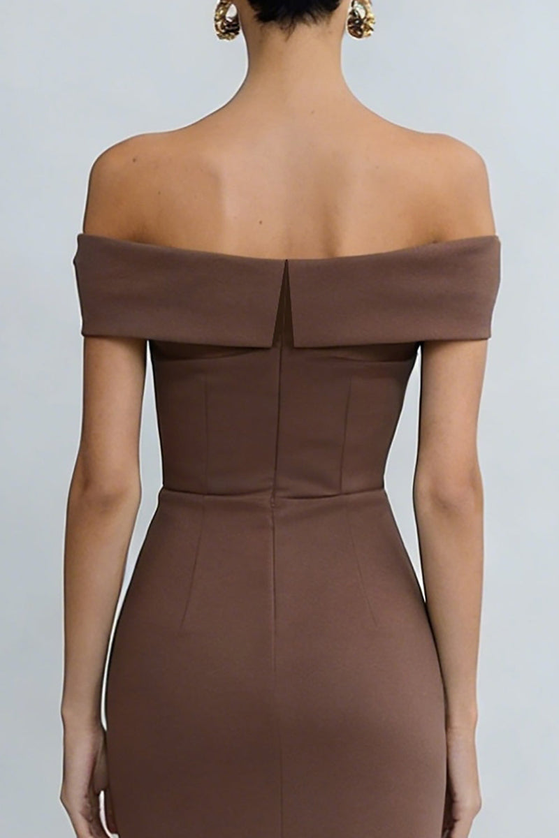 Load image into Gallery viewer, Brown Off the Shoulder Midi Pencil Work Dress with Slit
