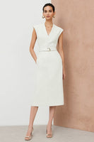 Load image into Gallery viewer, White Pencil V-Neck Midi Work Dress with Belt