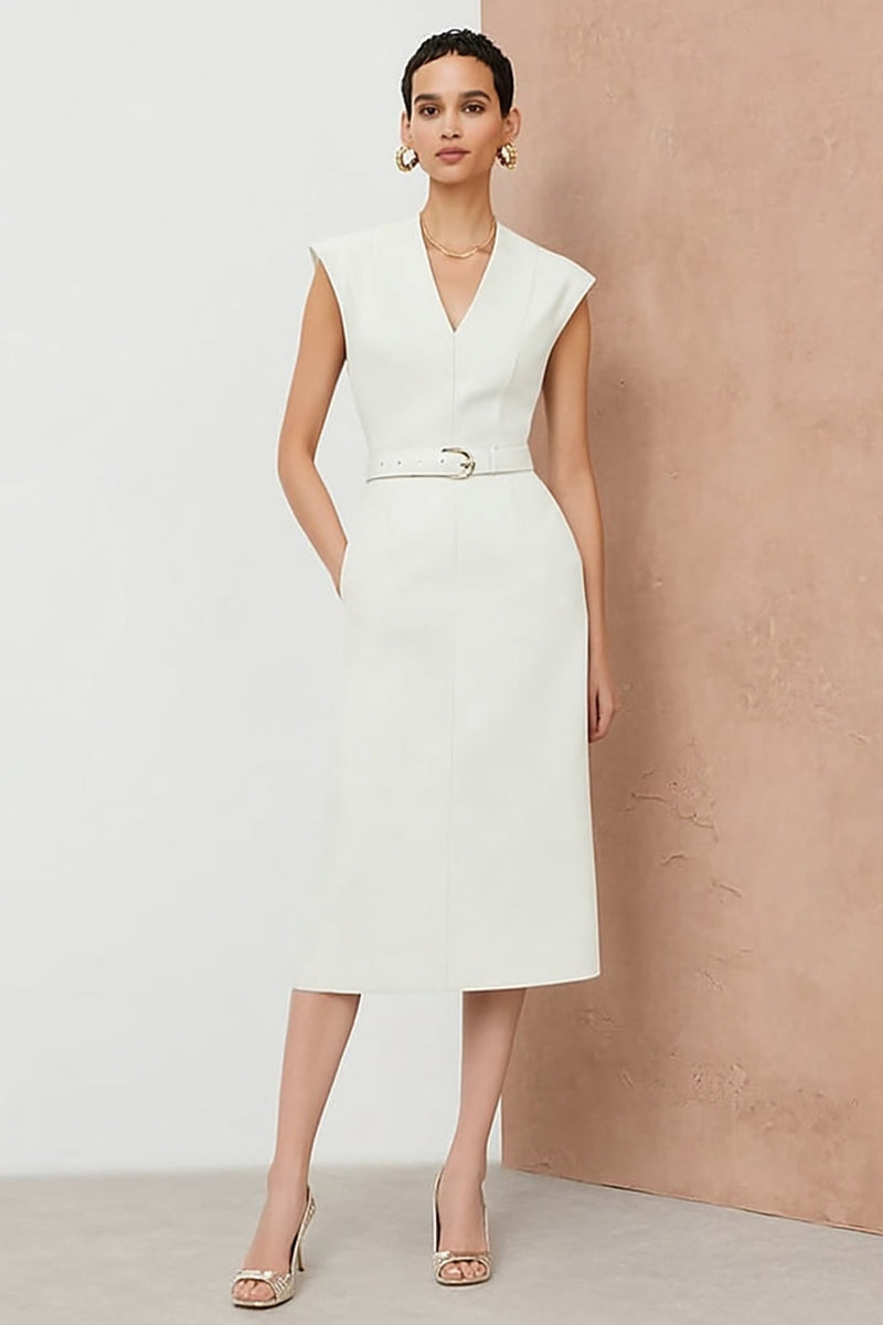Load image into Gallery viewer, White Pencil V-Neck Midi Work Dress with Belt