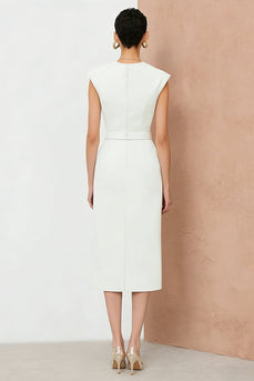 White Pencil V-Neck Midi Work Dress with Belt