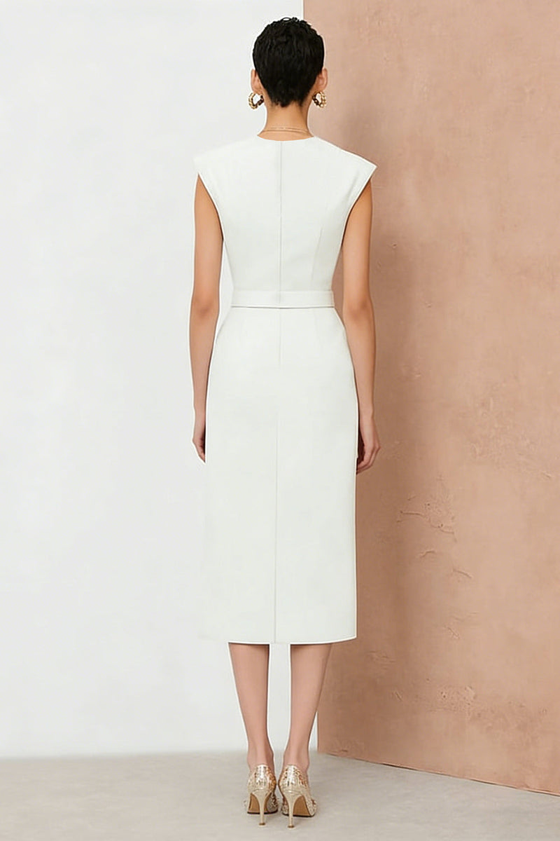 Load image into Gallery viewer, White Pencil V-Neck Midi Work Dress with Belt