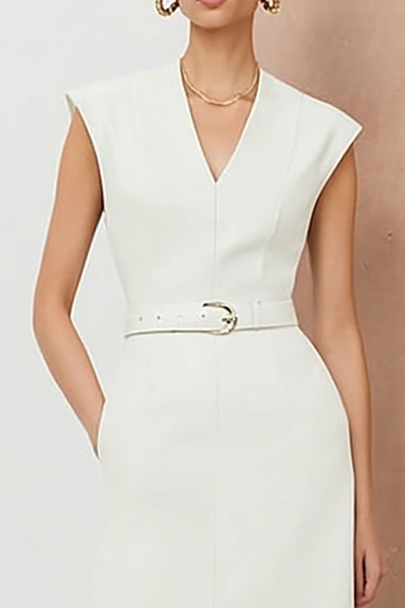 Load image into Gallery viewer, White Pencil V-Neck Midi Work Dress with Belt