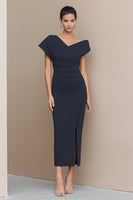 Load image into Gallery viewer, Navy Ruched Asymmetrical Neck Bodycon Long Work Dress
