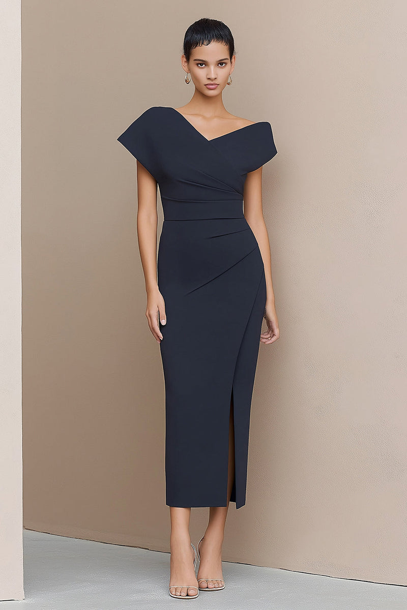 Load image into Gallery viewer, Navy Ruched Asymmetrical Neck Bodycon Long Work Dress