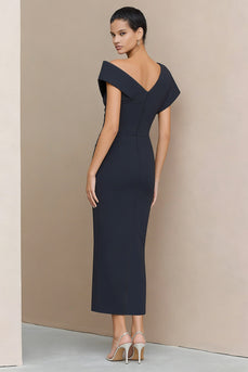 Navy Ruched Asymmetrical Neck Bodycon Long Work Dress
