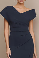 Load image into Gallery viewer, Navy Ruched Asymmetrical Neck Bodycon Long Work Dress