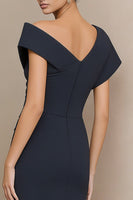 Load image into Gallery viewer, Navy Ruched Asymmetrical Neck Bodycon Long Work Dress