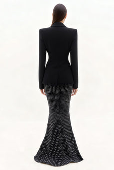 Black 2 Piece Polka Dots Notched Lapel Mermaid Long Business Suits