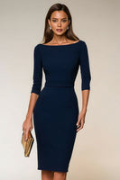 Load image into Gallery viewer, Navy Boat Neck Bodycon Midi Work Dress with Slit