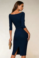 Load image into Gallery viewer, Navy Boat Neck Bodycon Midi Work Dress with Slit