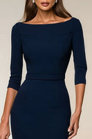 Load image into Gallery viewer, Navy Boat Neck Bodycon Midi Work Dress with Slit