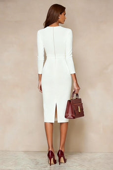 Ivory V Neck Pencil Midi Work Dress with Slit