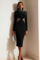 Load image into Gallery viewer, Sparkly Black High Neck Cut Out Pencil Midi Work Dress with Slit