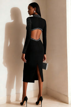Sparkly Black High Neck Cut Out Pencil Midi Work Dress with Slit