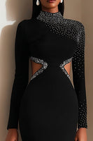 Load image into Gallery viewer, Sparkly Black High Neck Cut Out Pencil Midi Work Dress with Slit