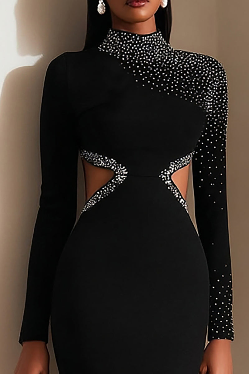 Load image into Gallery viewer, Sparkly Black High Neck Cut Out Pencil Midi Work Dress with Slit