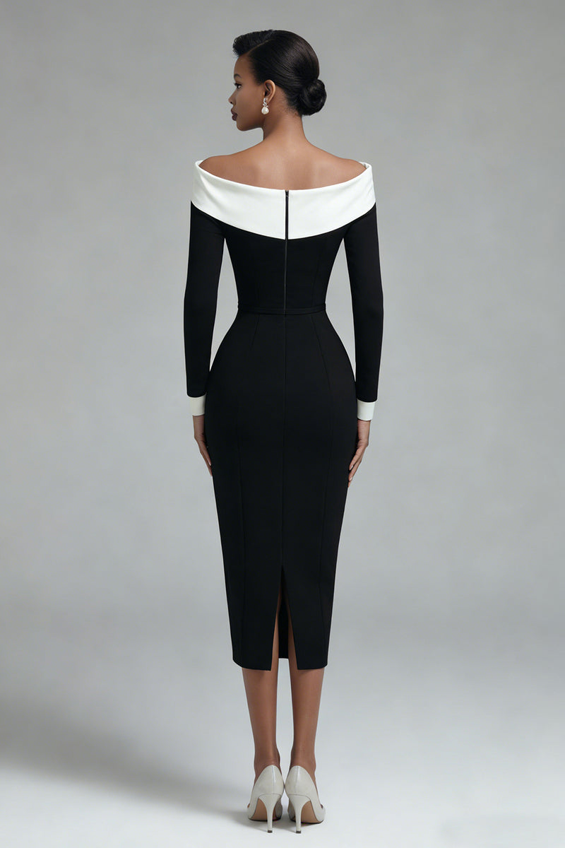 Load image into Gallery viewer, Black Off the Shoulder Bodycon Midi Work Dress with Slit