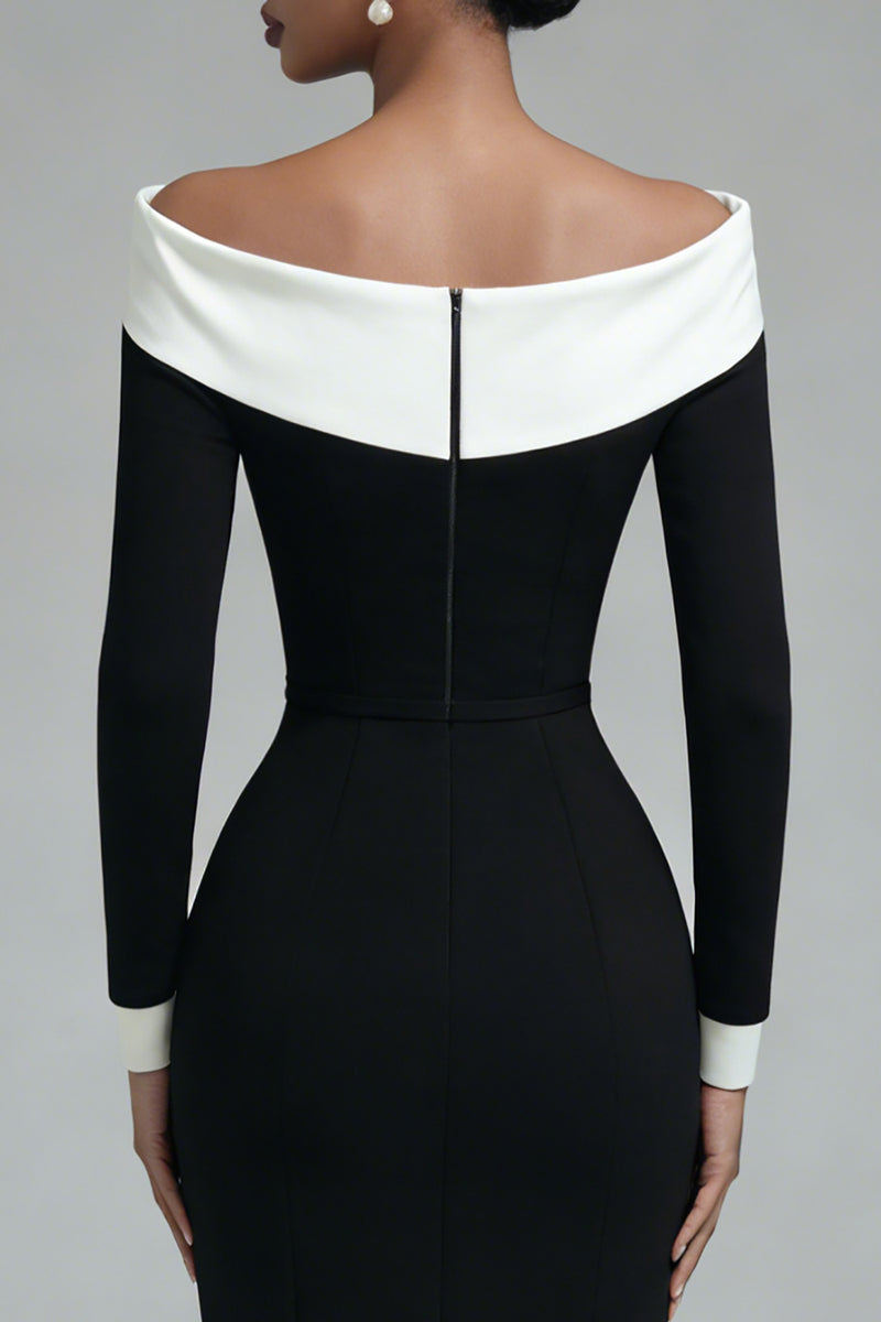 Load image into Gallery viewer, Black Off the Shoulder Bodycon Midi Work Dress with Slit