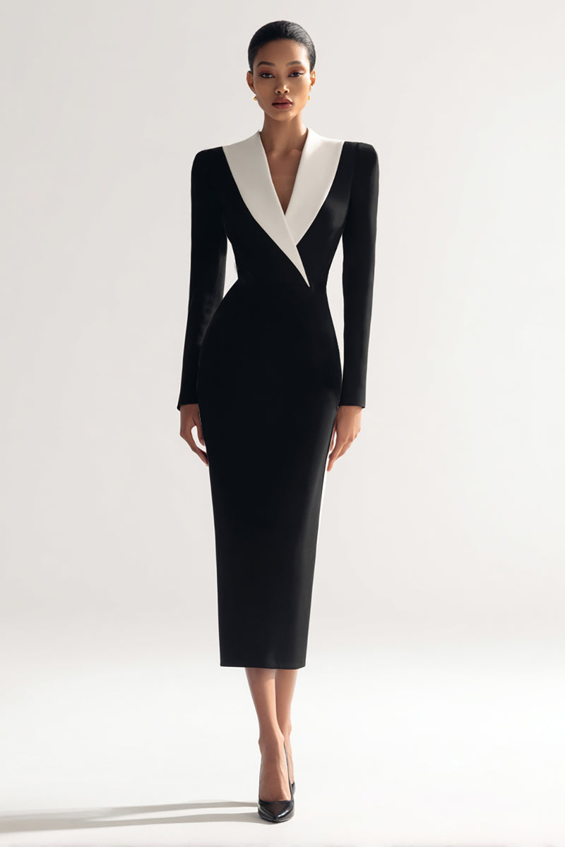 Load image into Gallery viewer, Black Shawl Lapel Bodycon Midi Blazer Dress with Slit