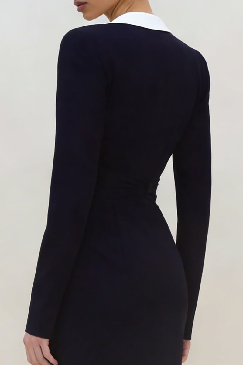 Load image into Gallery viewer, Black Peak Lapel Ruched Sheath Long Blazer Dress with Slit