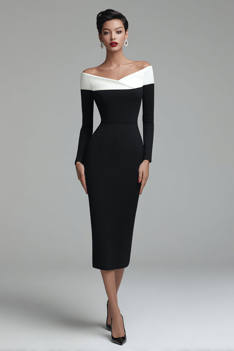Load image into Gallery viewer, Black Off the Shoulder Pencil Midi Work Dress with Sleeves