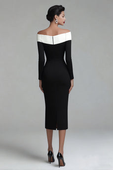 Black Off the Shoulder Pencil Midi Work Dress with Sleeves