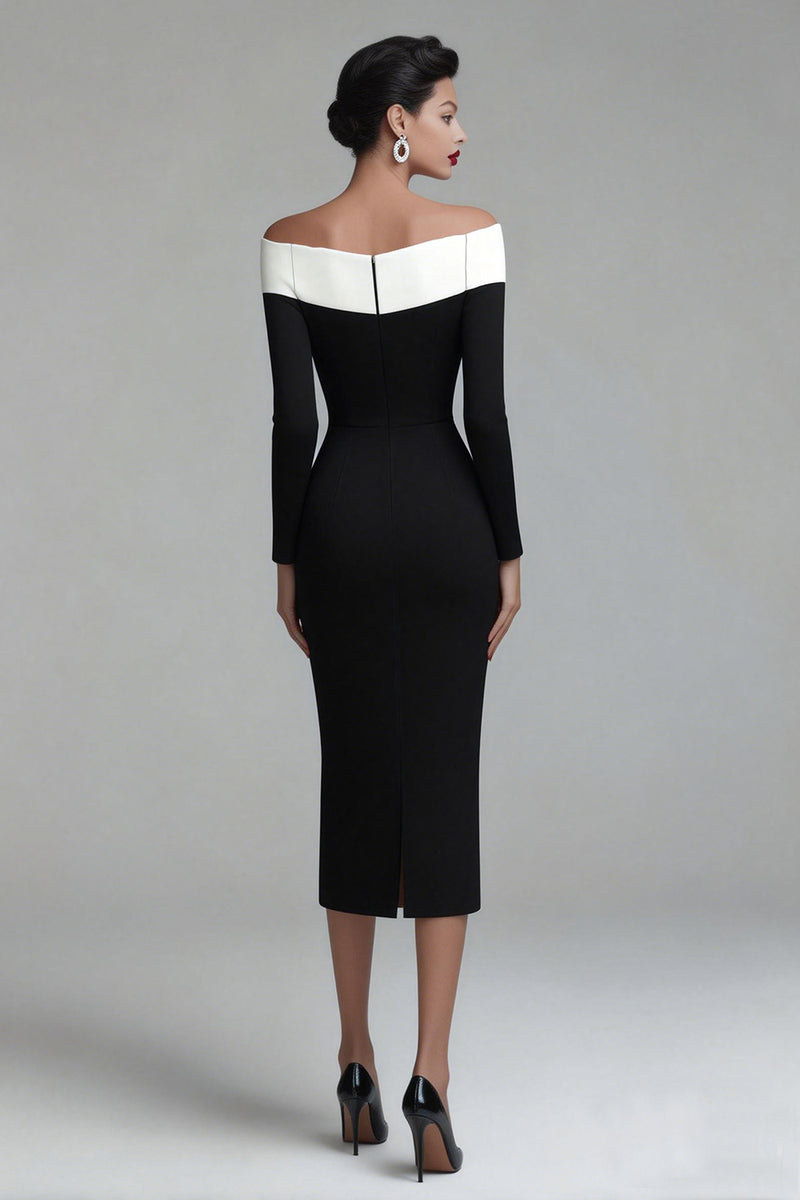 Load image into Gallery viewer, Black Off the Shoulder Pencil Midi Work Dress with Sleeves