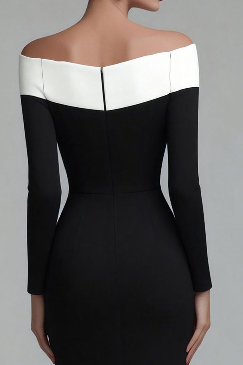 Load image into Gallery viewer, Black Off the Shoulder Pencil Midi Work Dress with Sleeves