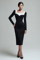 Load image into Gallery viewer, Black Square Neck Long Sleeves Bodycon Midi Work Dress with Slit