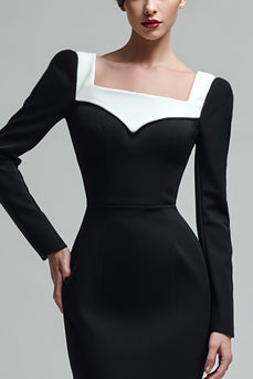 Black Square Neck Long Sleeves Bodycon Midi Work Dress with Slit