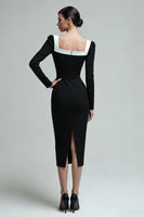 Load image into Gallery viewer, Black Square Neck Long Sleeves Bodycon Midi Work Dress with Slit