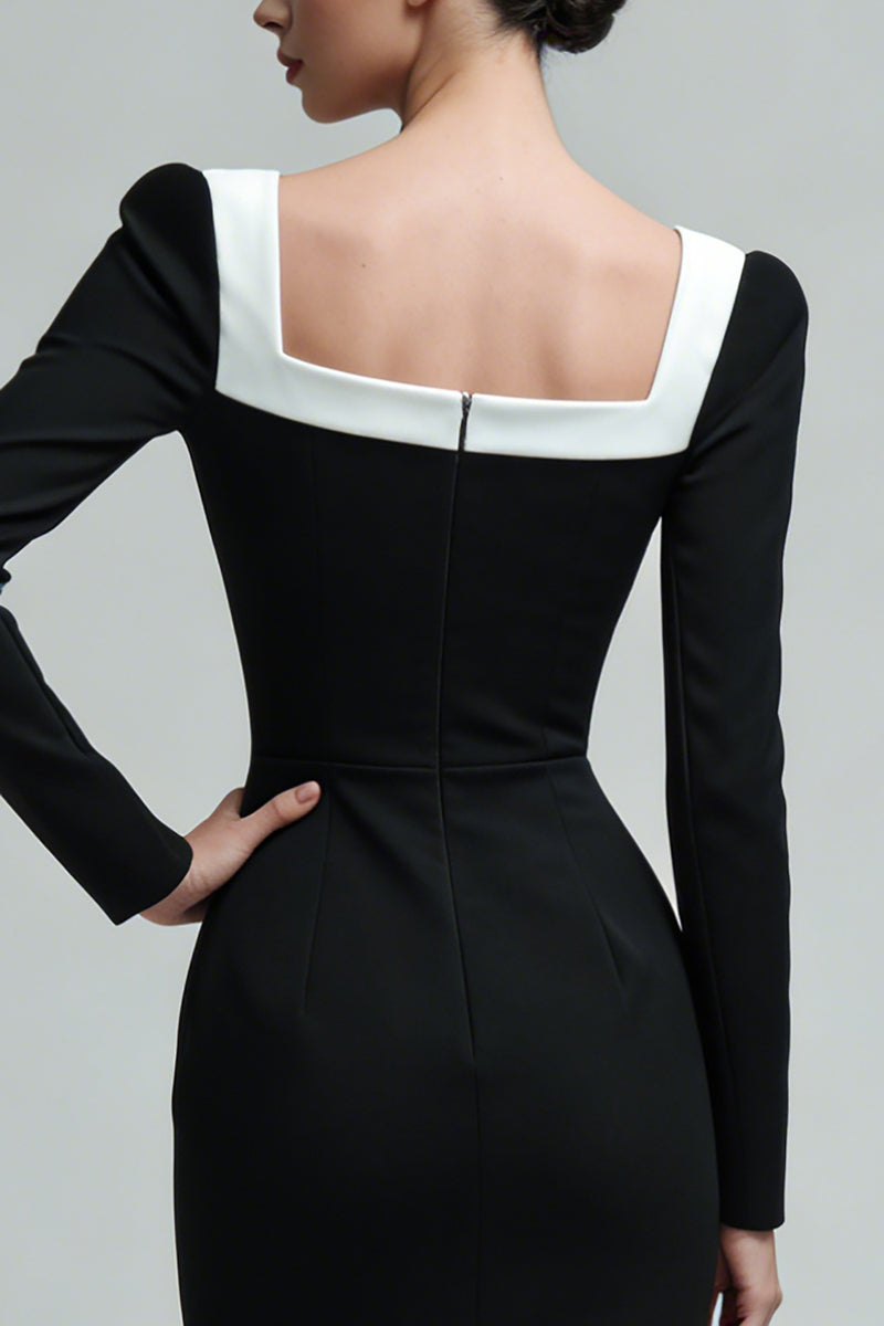 Load image into Gallery viewer, Black Square Neck Long Sleeves Bodycon Midi Work Dress with Slit