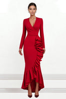 Load image into Gallery viewer, Red V Neck Ruffled Mermaid Asymmetrical Formal Dress with Sleeves