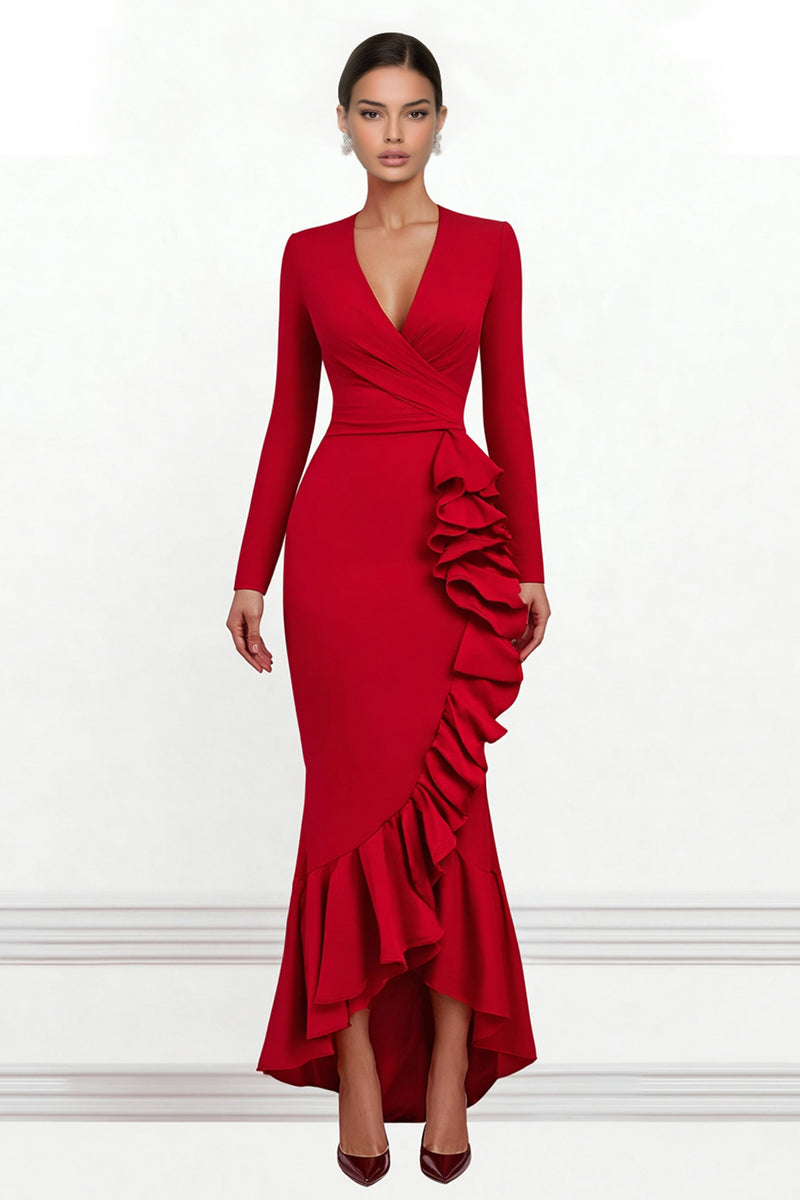 Load image into Gallery viewer, Red V Neck Ruffled Mermaid Asymmetrical Formal Dress with Sleeves