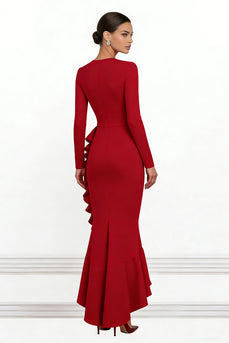 Red V Neck Ruffled Mermaid Asymmetrical Formal Dress with Sleeves