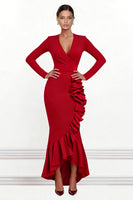 Load image into Gallery viewer, Red V Neck Ruffled Mermaid Asymmetrical Formal Dress with Sleeves