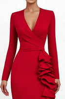 Load image into Gallery viewer, Red V Neck Ruffled Mermaid Asymmetrical Formal Dress with Sleeves
