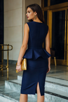 Load image into Gallery viewer, Navy Round Neck Bodycon Midi Work Dress with Ruffles