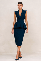 Load image into Gallery viewer, Navy Peak Lapel Ruffled V Neck Bodycon Midi Blazer Dress with Slit