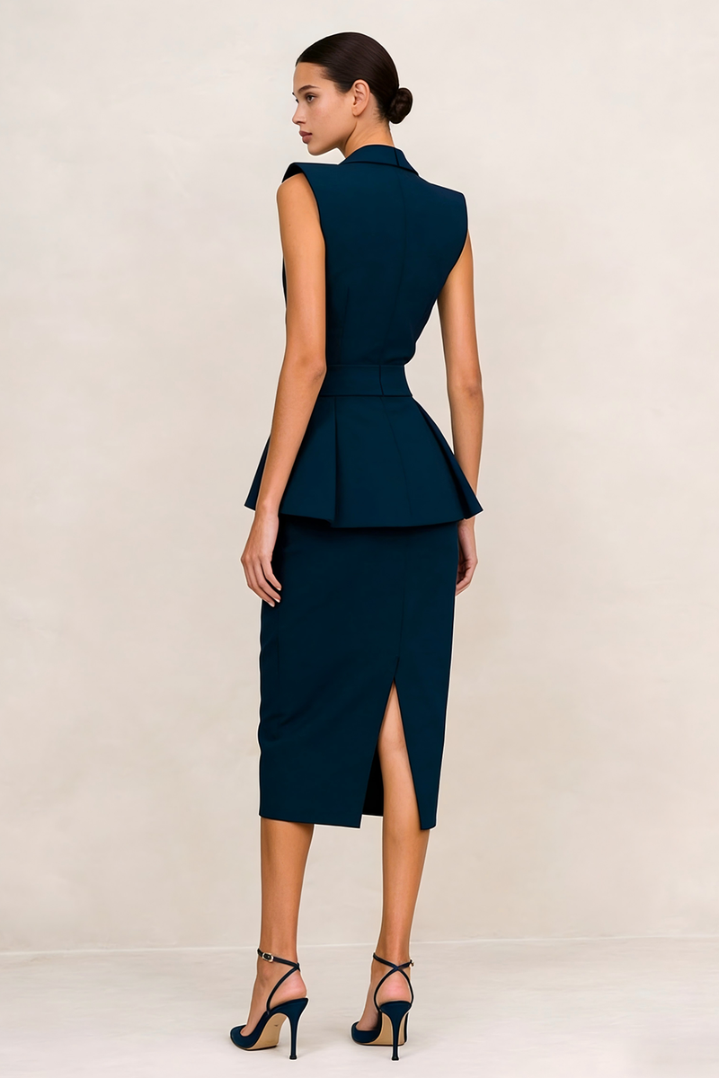 Load image into Gallery viewer, Navy Peak Lapel Ruffled V Neck Bodycon Midi Blazer Dress with Slit