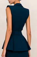 Load image into Gallery viewer, Navy Peak Lapel Ruffled V Neck Bodycon Midi Blazer Dress with Slit