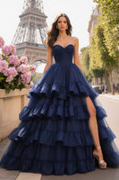 Load image into Gallery viewer, Navy Sweetheart Ruffled A Line Long Prom Dress with Slit