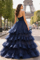 Load image into Gallery viewer, Navy Sweetheart Ruffled A Line Long Prom Dress with Slit