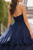 Load image into Gallery viewer, Navy Sweetheart Ruffled A Line Long Prom Dress with Slit